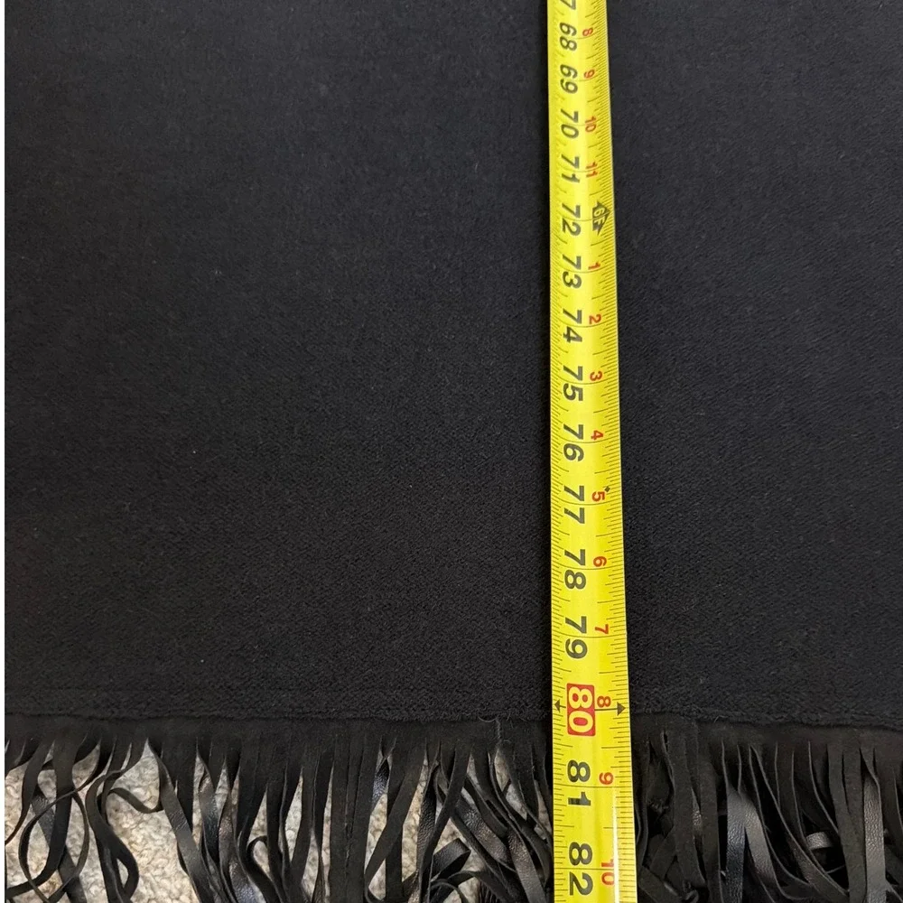 Zoe Couture Black Cashmere Wool Wrap Scarf Leather Fringe Fur Trim Oversized O/S